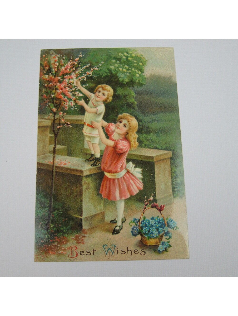 Postcard Best Wishes Children Pick Flowers Boy Cherry Blossom Girl Pink Dress